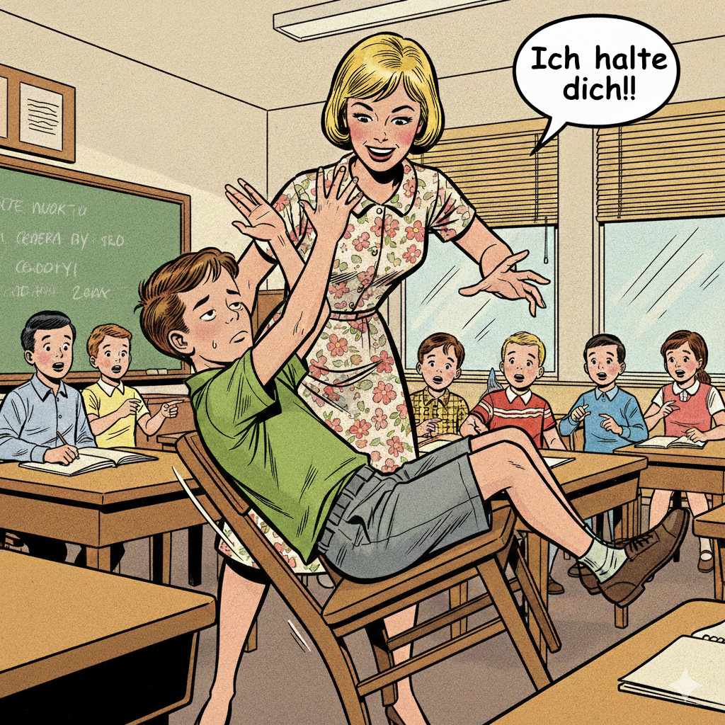 Schulszene - Junge Kippelt und wird von Lehrerin gehalten. Junge guckt gelangweilt