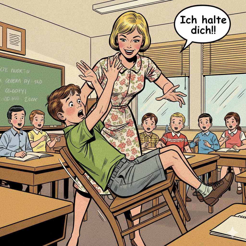 Schulszene - Junge kippelt mit dem Stuhl. Lehrerin hält den Stuhl und sag ich halte dich. Der Junge guckt gelangweilt.