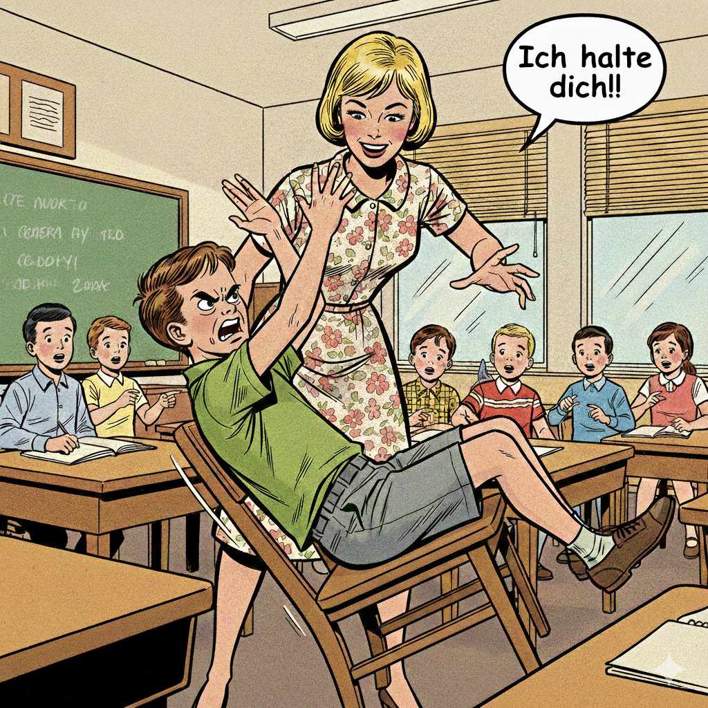 Schulszene - Junge kippelt mit dem Stuhl. Lehrerin hält den Stuhl und sag ich halte dich. Der Junge guckt würtend